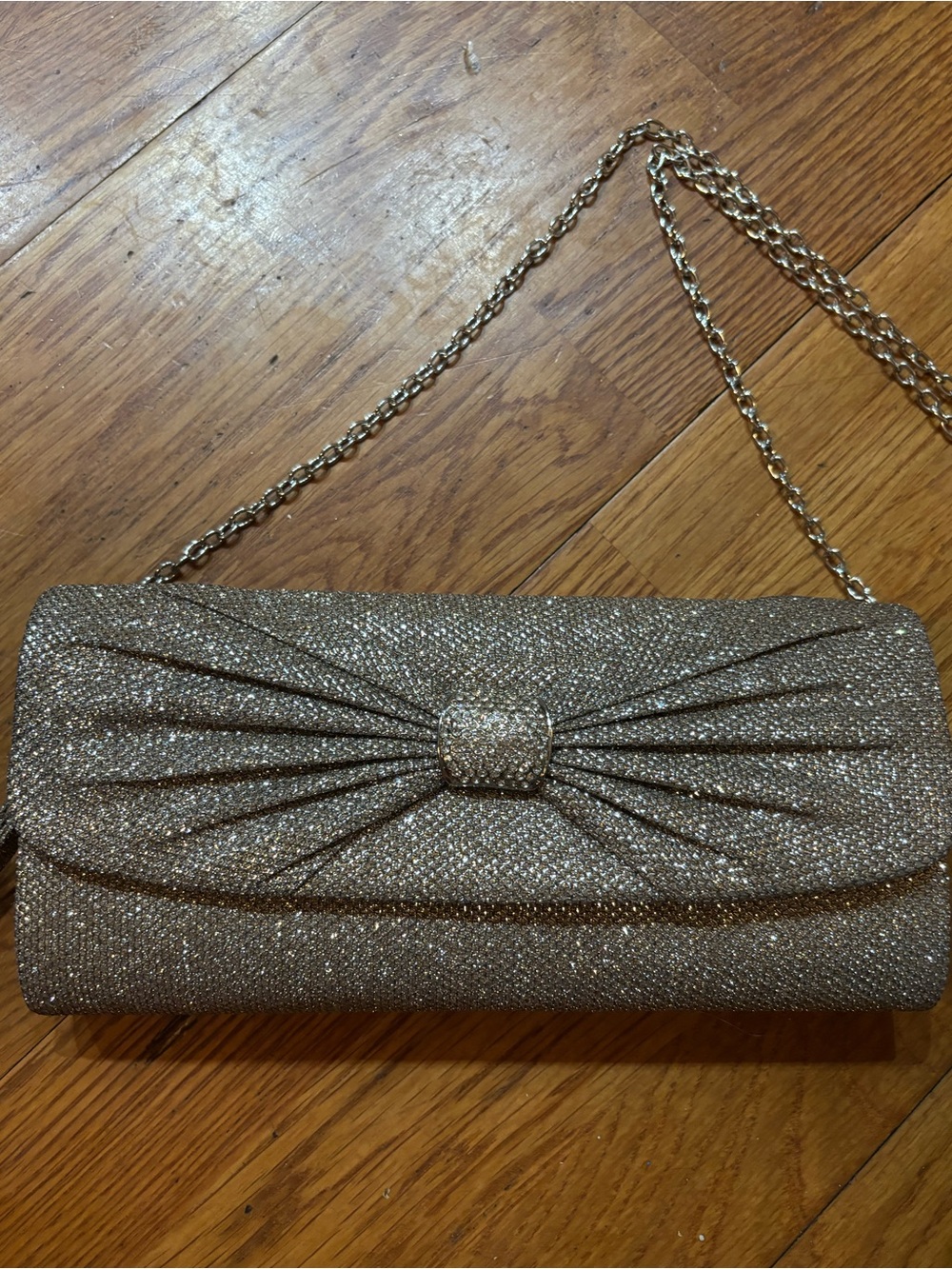 Gunne Sax Gold Glitter Bow-Front Evening Clutch with Chain